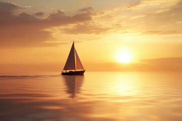 Fototapeta premium A serene journey of a solitary sailboat across the calm sea at sunset capturing tranquility and reflection in nature's embrace