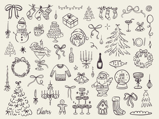 Set of whimsical hand drawn christmas food and drink illustration in trendy vintage style. Perfect for quirky new year holiday, dinner and bar menu, bachelorette party, birthday invitation, sign
