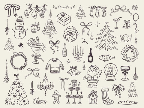 Set of whimsical hand drawn christmas food and drink illustration in trendy vintage style. Perfect for quirky new year holiday, dinner and bar menu, bachelorette party, birthday invitation, sign