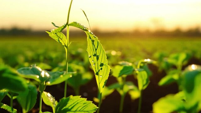 Lots of green seedlings growing on arable land in future-oriented food production.