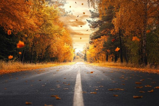 Autumn journey along an open road surrounded by vibrant trees in a serene landscape capturing nature's beauty and tranquility during fall season