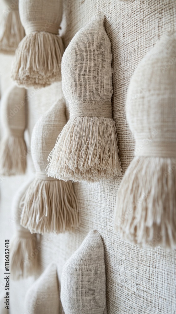 Poster Soft hues of natural fibers create a calming visual as intricate tassels adorn the wall, showcasing craftsmanship and texture in an inviting environment, perfect for artistic inspiration