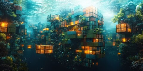 Obraz premium Underwater wonderland featuring vibrant habitats created from shipping containers bathed in ethereal light