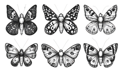Fototapeta premium Six Detailed Black White Butterfly Illustrations Insect Drawings Nature Designs Monochrome Moths
