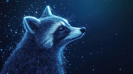 Naklejka premium Abstract polygonal raccoon portrait, glowing lines, dark blue background.