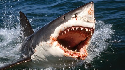 The great white shark bursts from the sea, its jaws wide open, revealing sharp teeth and dripping with blood, creating a chilling atmosphere