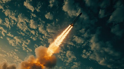 A spacecraft launches powerfully into the sky, leaving a bright flame trail as it journeys towards the moon among fluffy clouds