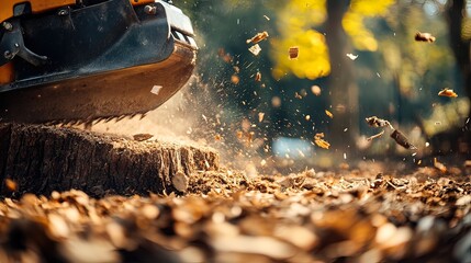 Close-up of a machine grinding tree stump into wood chips, creating dust and debris.