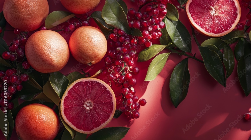 Canvas Prints Grapefruit and berries with leaves on a bold red background