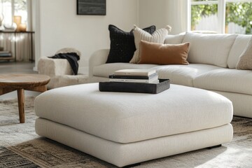 Modern living room with ottoman, books, and pillows.