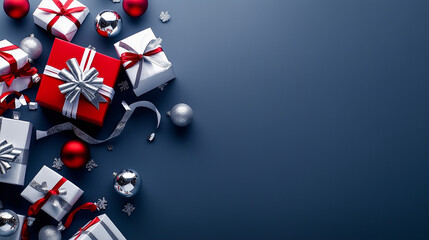 Obraz premium Elegant white gift boxes with red ribbons and silver accents on a deep blue background. Flat lay composition perfect for Christmas and New Year greetings.