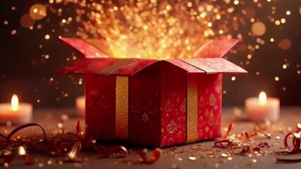 gift box opens cover with flying falling confetti surprise animated video