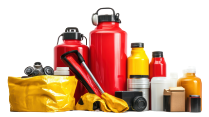 A collection of colorful containers and tools, likely used for industrial or laboratory purposes.