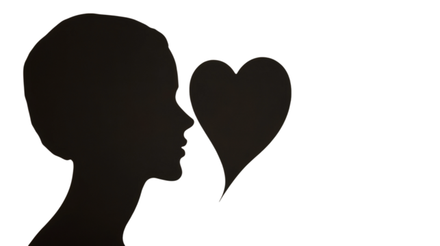 Woman silhouette blowing a heart shaped kiss on transparent background