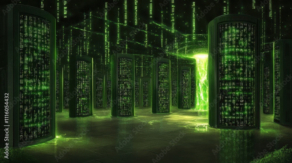 Aufkleber futuristic green data center with glowing servers and matrix code