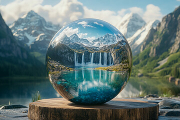 A glossy sphere on a rustic wooden slab showcasing a panoramic view of snow-capped mountains, cascading waterfalls, and serene valleys with a crystal-clear lake, styled as a decorative piece