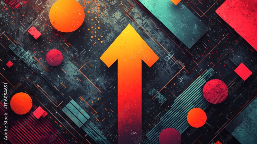 Poster upward pointing arrow bold orange symbolizes dynamic growth abstract geometric backdrop. overlapping