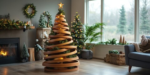 Unique spiral Christmas tree enhances cozy holiday ambiance in modern living room filled with festive decor
