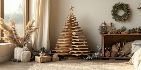 Obraz premium Unique wooden Christmas tree decorates a cozy living room with holiday spirit and warmth