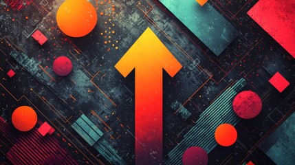upward pointing arrow bold orange symbolizes dynamic growth abstract geometric backdrop. Overlapping shapes and lines teal and purple add visual interest highlighting innovation.