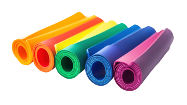 A collection of colorful exercise resistance bands rolled up, showcasing various vibrant colors for fitness activities.