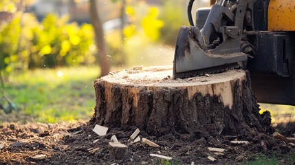 Close-up of a tree stump being ground down by a machine. Wood chips and dust are visible. The background is blurred, showing a garden setting.