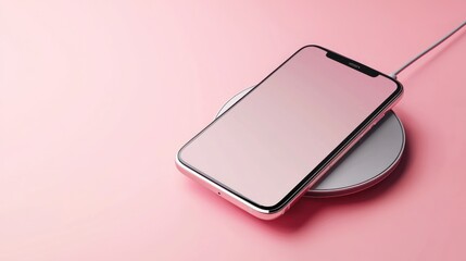A minimalist wireless charger with a smartphone on top, isolated against a soft pink background.