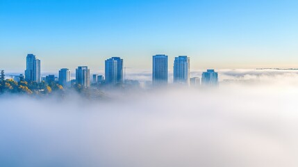 Fototapeta premium Misty Cityscape with Towering Skyscrapers in the Clouds