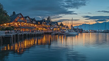 Fototapeta premium Illuminated waterfront buildings, boats, calm water, sunset.