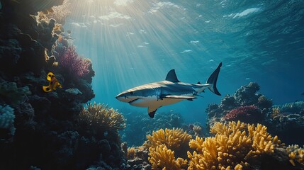 Great white shark swims vibrant coral reef.