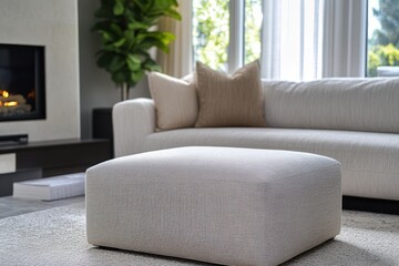 Fototapeta premium Modern living room with off-white sofa, ottoman, fireplace, and plant.