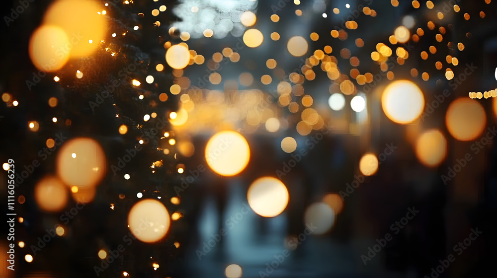 Poster a captivating display of warm golden bokeh lights floating against a dark backdrop, creating a cozy,