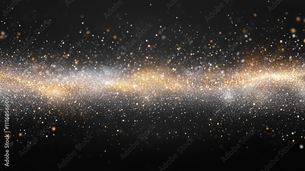 Poster abstract sparkling bokeh in shades of gold and silver, with shimmering light particles scattered acr