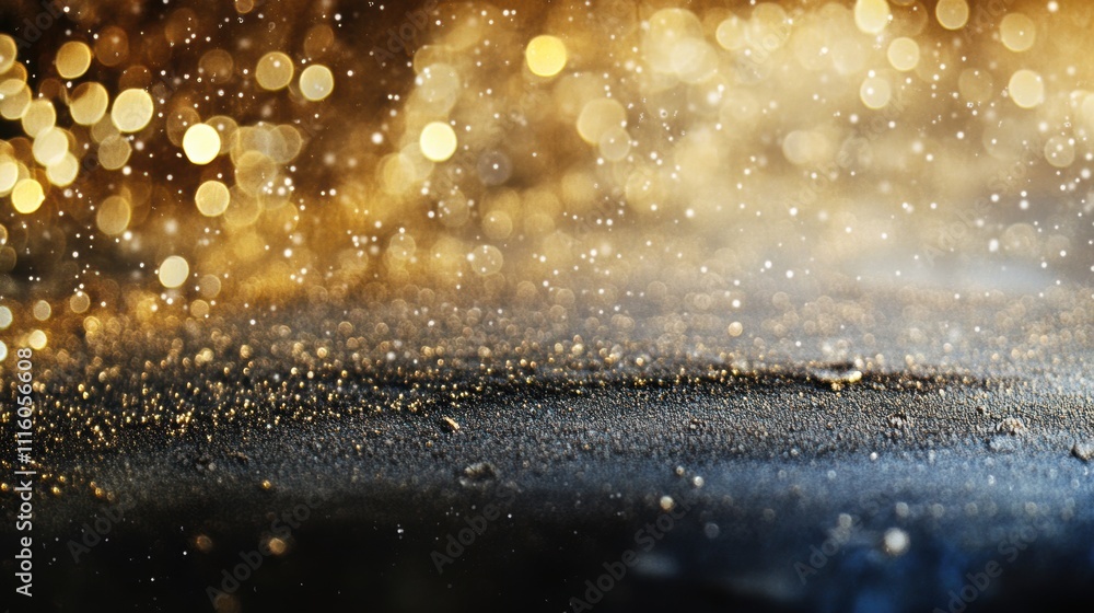 Poster abstract sparkling bokeh in shades of gold and silver, with shimmering light particles scattered acr