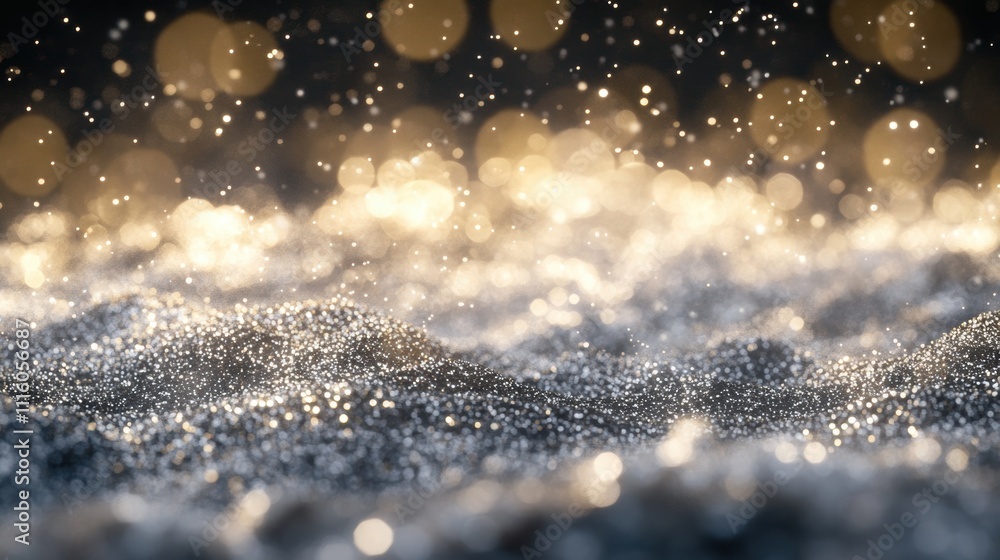 Poster abstract sparkling bokeh in shades of gold and silver, with shimmering light particles scattered acr