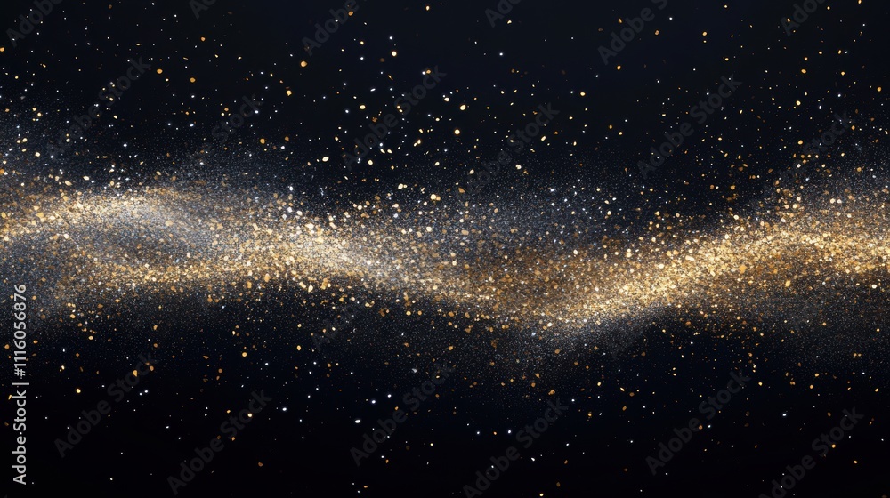 Poster abstract sparkling bokeh in shades of gold and silver, with shimmering light particles scattered acr
