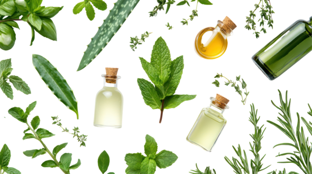 A collection of essential oils and fresh herbs arranged artistically, showcasing natural ingredients for wellness and beauty.