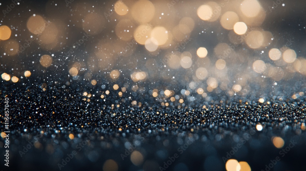Poster abstract sparkling bokeh in shades of gold and silver, with shimmering light particles scattered acr