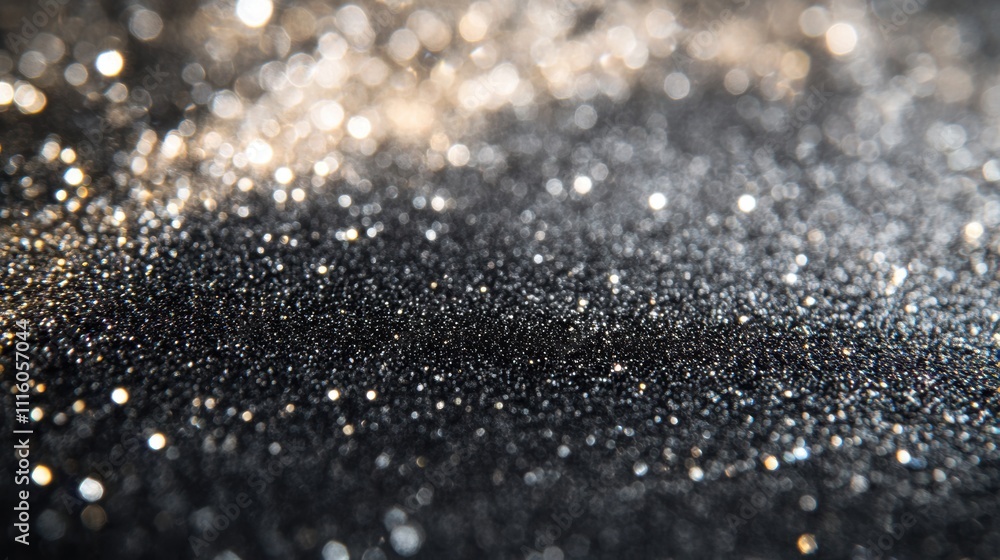 Poster abstract sparkling bokeh in shades of gold and silver, with shimmering light particles scattered acr