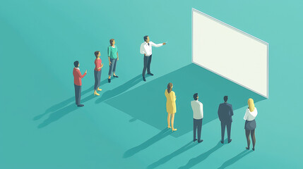 Obraz premium A clean and simple corporate illustration depicting a small group of people engaged in a collaborative discussion around a large whiteboard. Generative AI