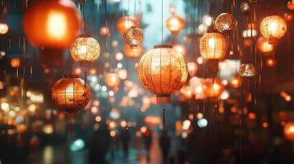 Obraz premium Warm, glowing paper lanterns hang in a misty, urban setting. People walk in the background. Soft, diffused light fills the scene. Ancient, Chinese lanterns.