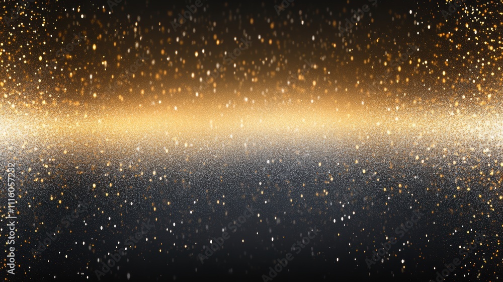 Poster abstract sparkling bokeh in shades of gold and silver, with shimmering light particles scattered acr