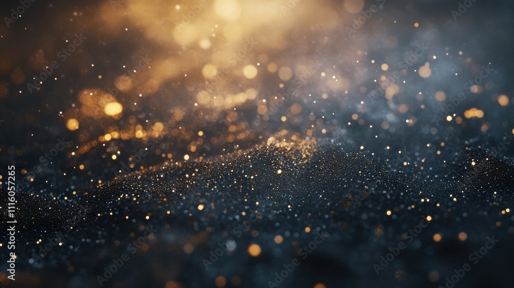 Poster abstract sparkling bokeh in shades of gold and silver, with shimmering light particles scattered acr