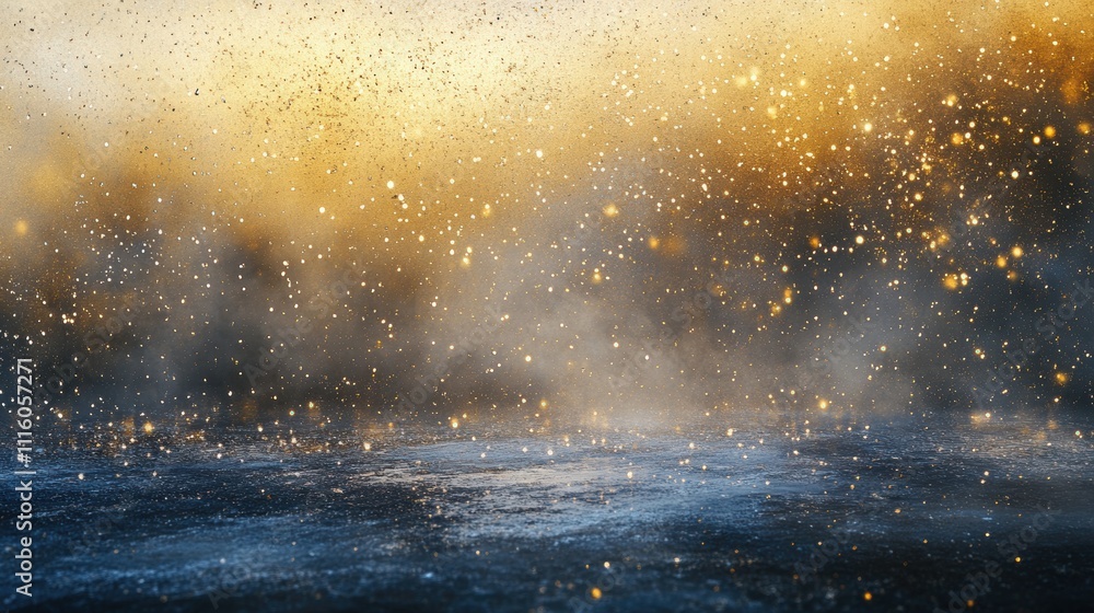 Poster abstract sparkling bokeh in shades of gold and silver, with shimmering light particles scattered acr