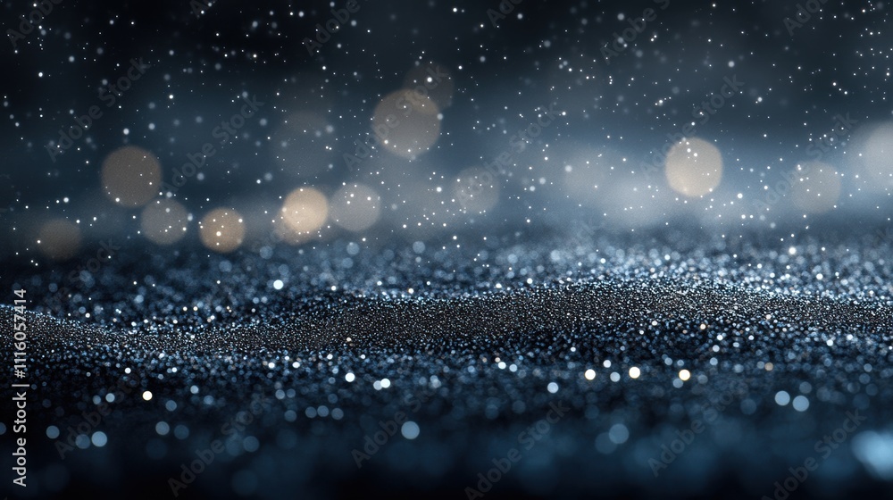 Poster abstract sparkling bokeh in shades of gold and silver, with shimmering light particles scattered acr