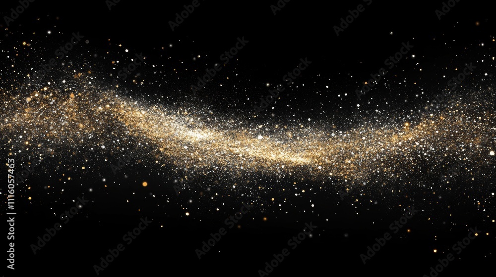 Poster abstract sparkling bokeh in shades of gold and silver, with shimmering light particles scattered acr