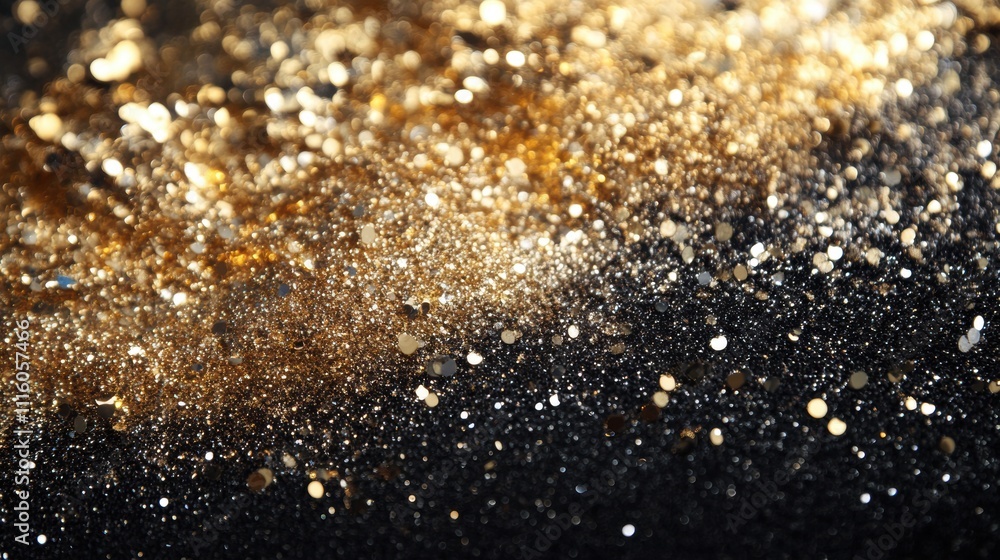 Poster Abstract sparkling bokeh in shades of gold and silver, with shimmering light particles scattered across a dark gradient background.