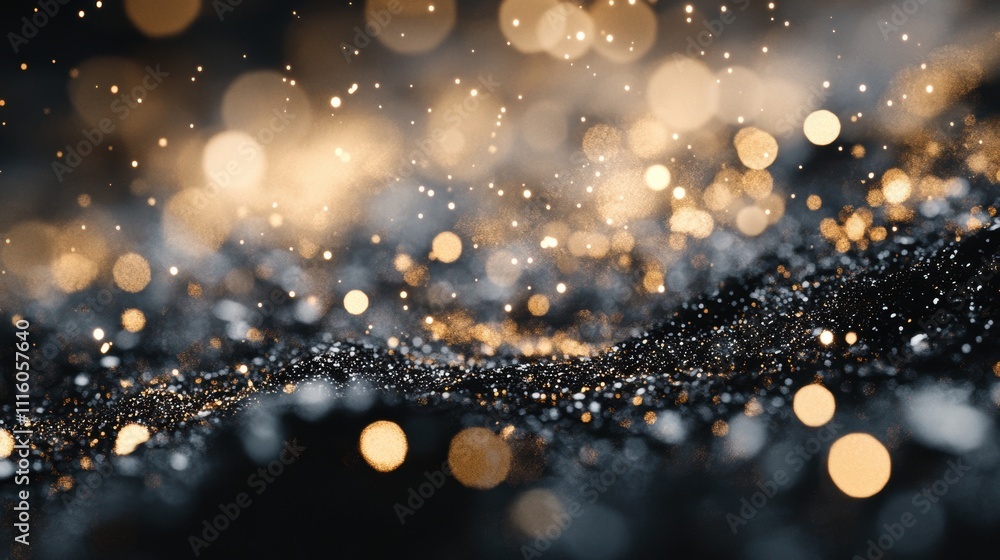 Poster abstract sparkling bokeh in shades of gold and silver, with shimmering light particles scattered acr