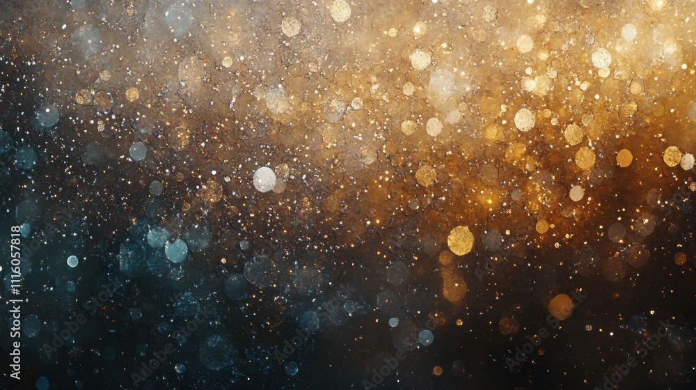 Poster abstract sparkling bokeh in shades of gold and silver, with shimmering light particles scattered acr