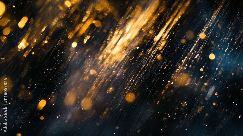 Poster abstract sparkling bokeh in shades of gold and silver, with shimmering light particles scattered acr